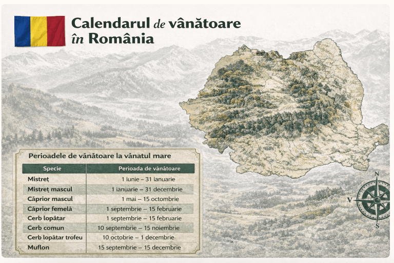 Infografic cu calendarul vânătorii în România pentru principalele specii de vânat mare: mistreț, cerb, căprior, muflon și capră neagră, cu perioadele legale de vânătoare conform legislației.